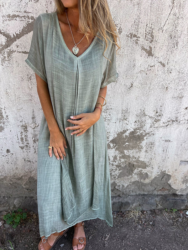 Thyra - Damen-Midikleid aus Leinen mit V-Ausschnitt und kurzen Ärmeln Grun