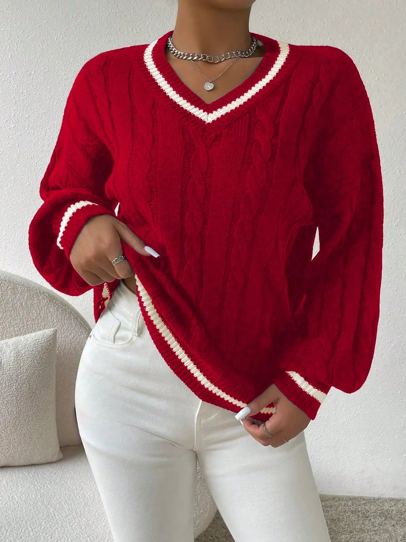 Tilia - Kabelstrickpullover Gestreift V Ausschnitt Trendig Rot