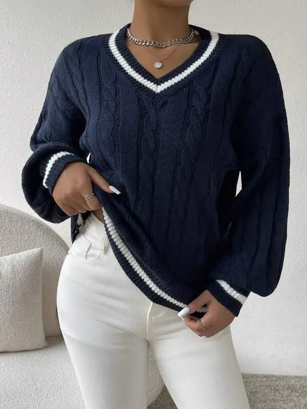 Tilia - Kabelstrickpullover Gestreift V Ausschnitt Trendig Schwarz