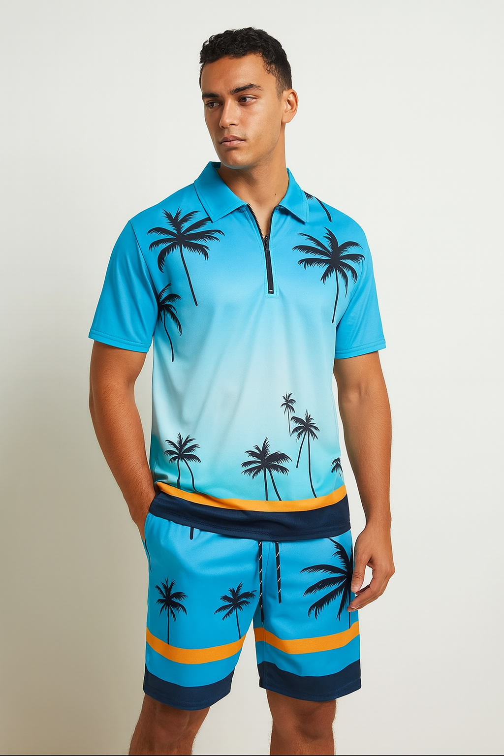 Timothy - Polo-Set mit Palmendruck - Blau 