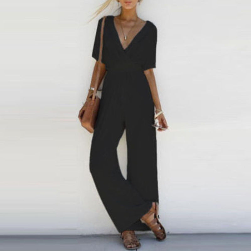 Tine- Jumpsuit mit überkreuztem Ausschnitt und weitem Bein Schwarz