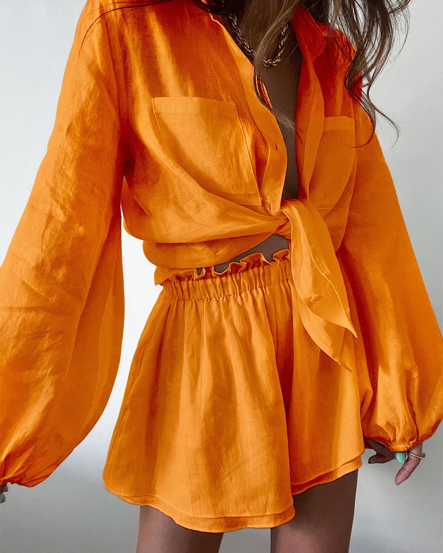 Tiriane - Elegantes Blusen und Shorts-Set mit Knopfleiste für Damen Orange