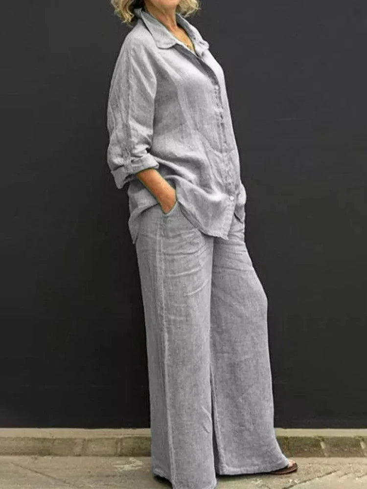 Tirza - Elegantes Palazzo-Zweiteiler-Set aus Leinen für Damen Grau