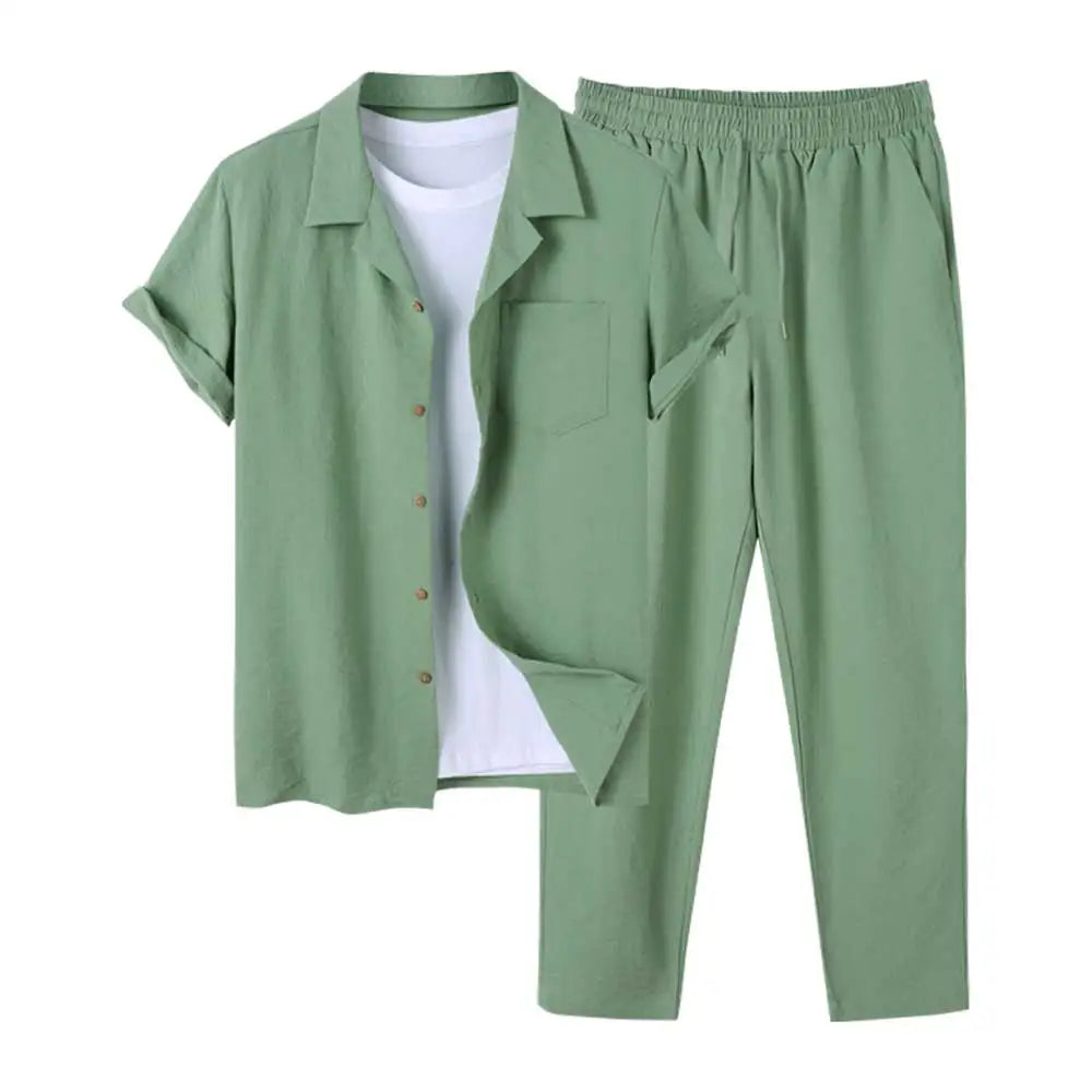 Torian - Herren Leinen Kurzarmhemd und Hose Set Grun