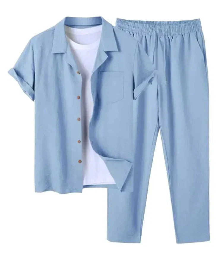 Torian - Herren Leinen Kurzarmhemd und Hose Set Hellblau
