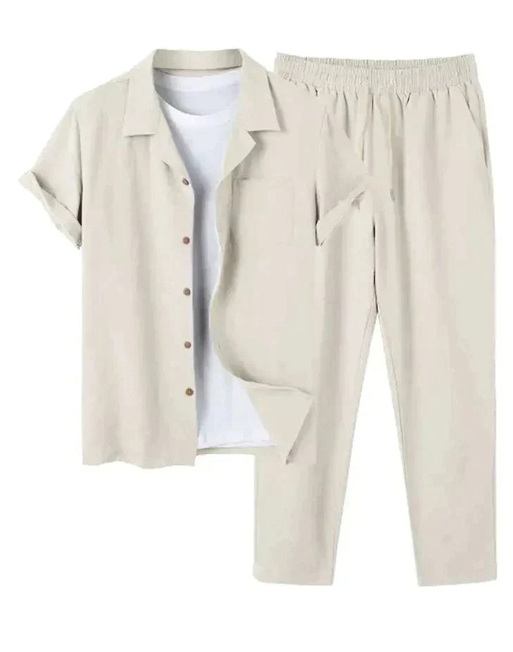 Torian - Herren Leinen Kurzarmhemd und Hose Set Hellbraun