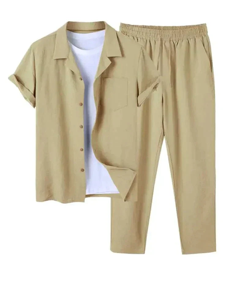 Torian - Herren Leinen Kurzarmhemd und Hose Set Hellgleb