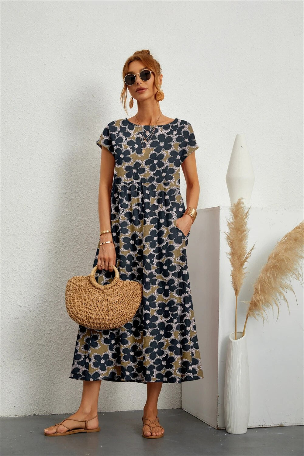 Tysiane - Damen Sommer Midikleid mit Blumenmuster and Taschen Blau