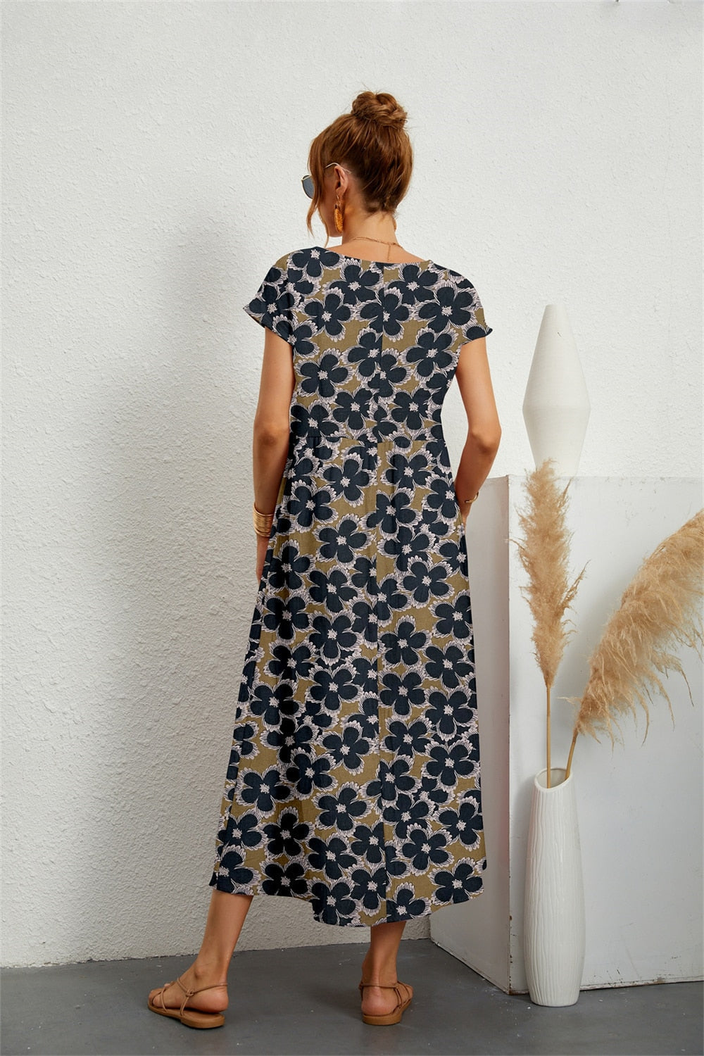 Tysiane - Damen Sommer Midikleid mit Blumenmuster and Taschen Blau 2