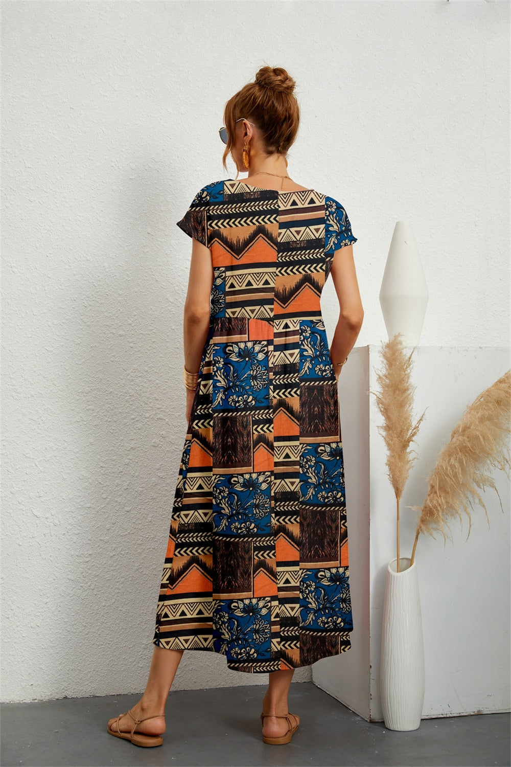 Tysiane - Damen Sommer Midikleid mit Blumenmuster and Taschen Orange 2
