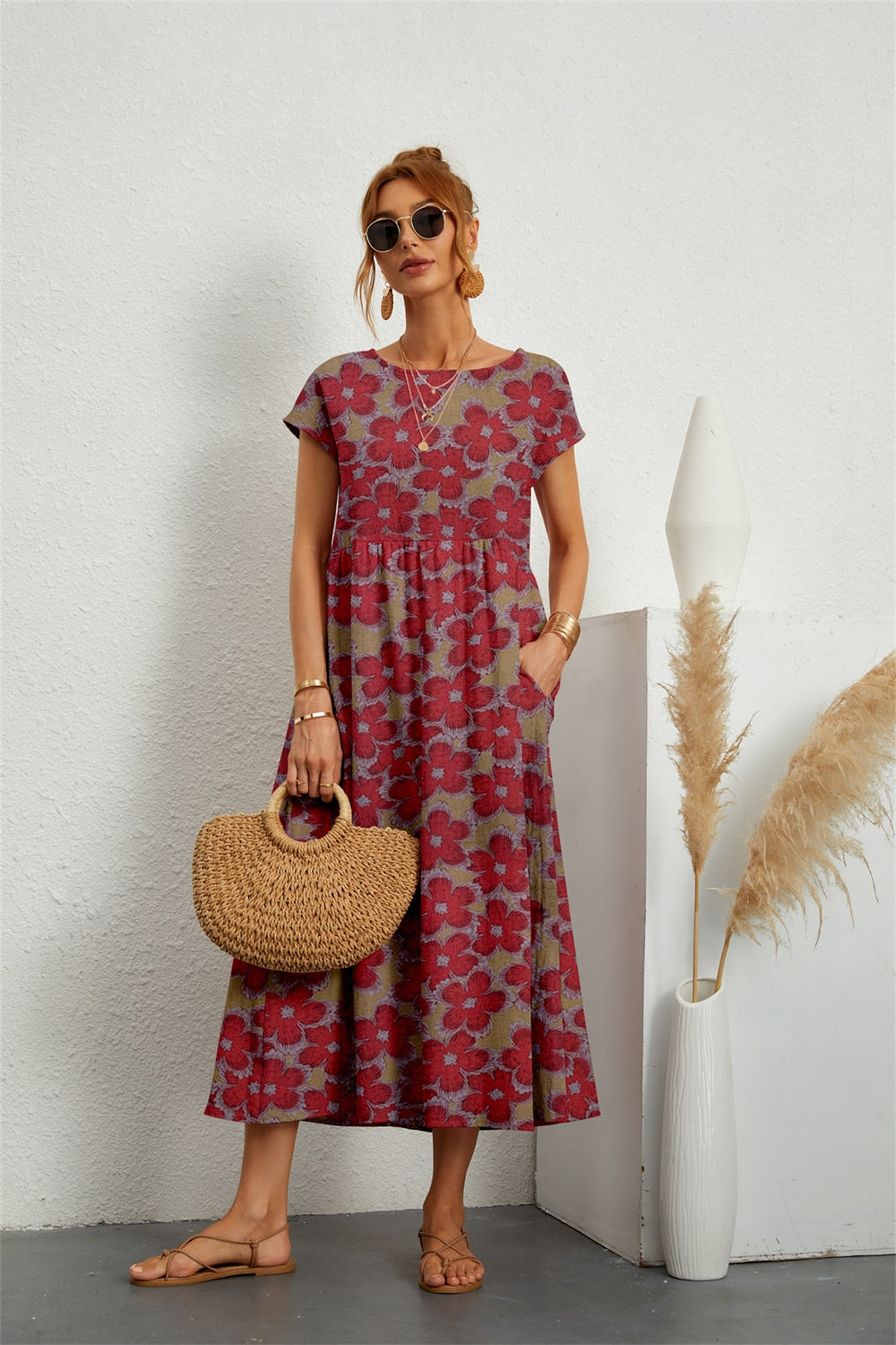 Tysiane - Damen Sommer Midikleid mit Blumenmuster and Taschen Rot