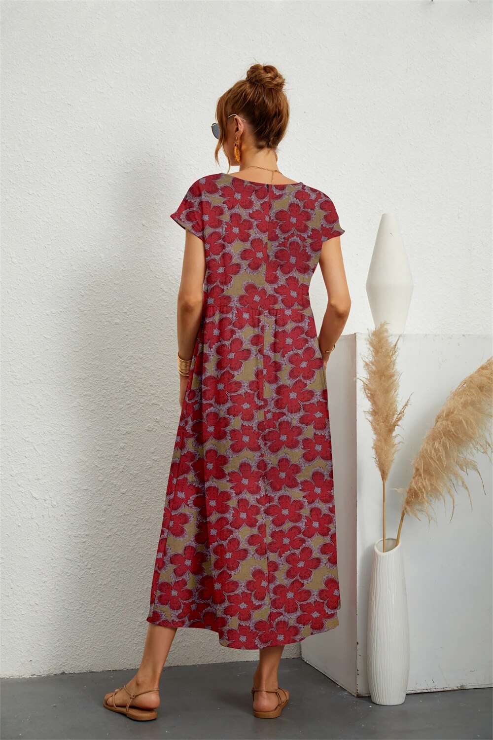 Tysiane - Damen Sommer Midikleid mit Blumenmuster and Taschen Rot 2