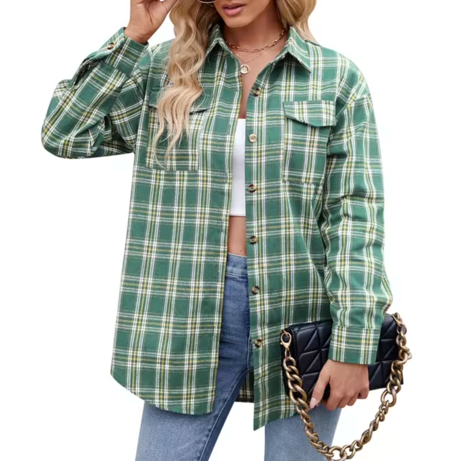 Uljana - Kariertes Button-Down-Hemd für Frauen Hellgrun