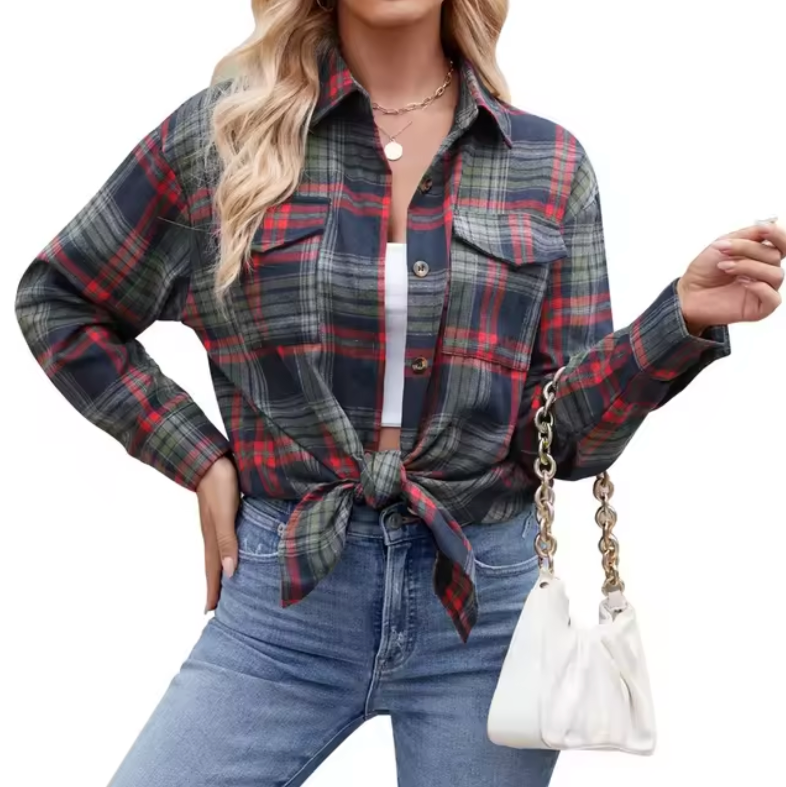 Uljana - Kariertes Button-Down-Hemd für Frauen Marineblau