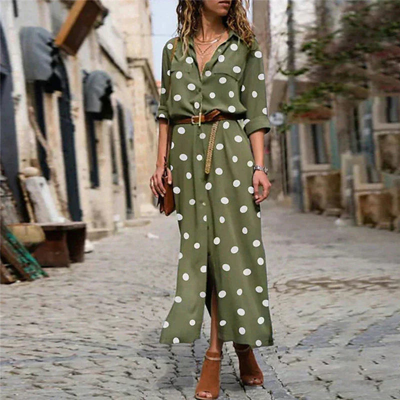 Ulrike - Damen Kleid mit Polka-Punkten Midi-Länge Armegrun