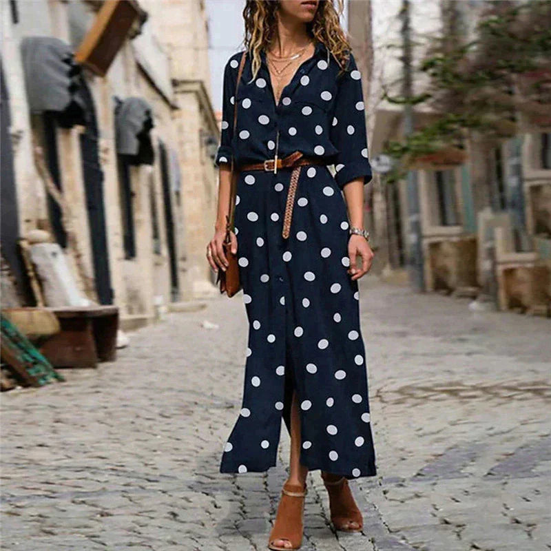 Ulrike - Damen Kleid mit Polka-Punkten Midi-Länge Marineblau