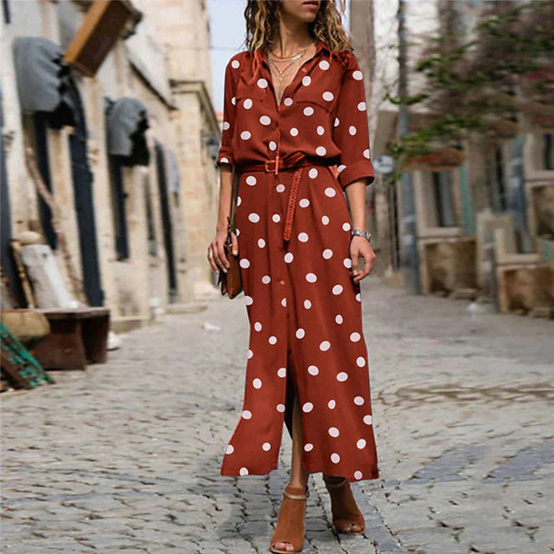 Ulrike - Damen Kleid mit Polka-Punkten Midi-Länge Rot