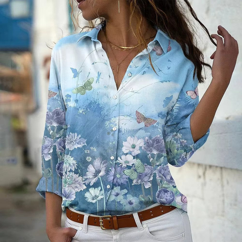 Ursel - Damen bedruckte Bluse mit Knöpfen Blau 2