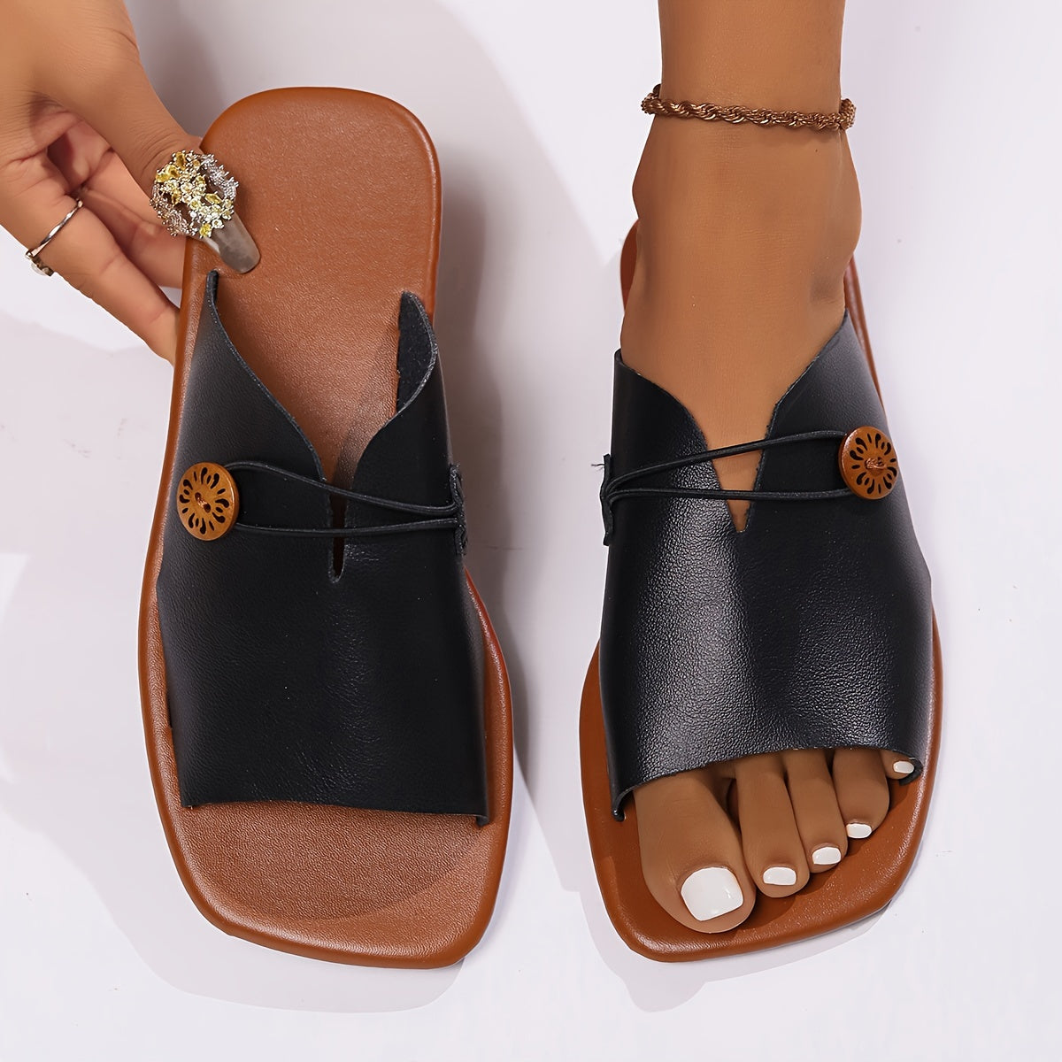 Uta- Flache Bicolor Sommersandalen Damen Schwarz