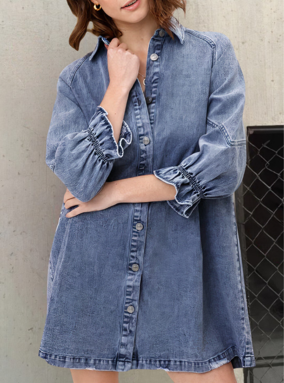Valerie - Jeanskleid mit Rüschenärmeln in Hemdblusenstil Blau