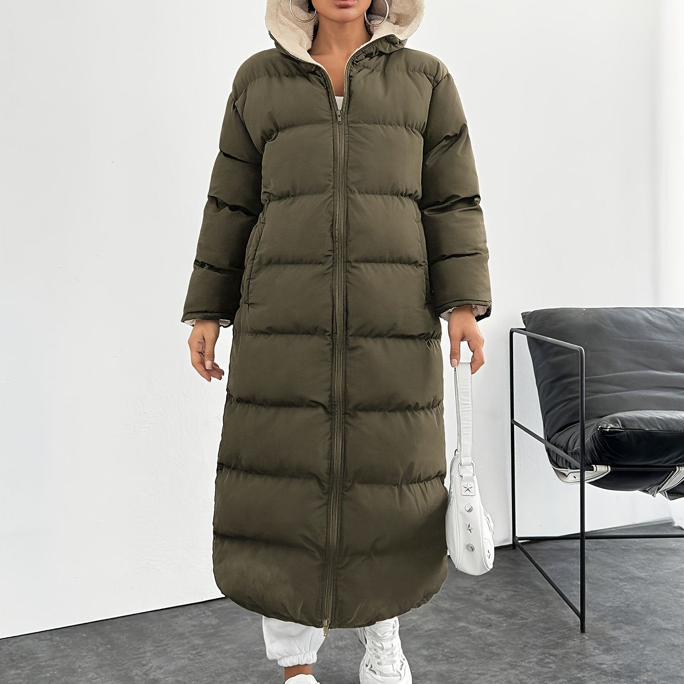 Valerie - Steppmantel Lang Warm Kapuze Elegant Praktisch Olivgrün
