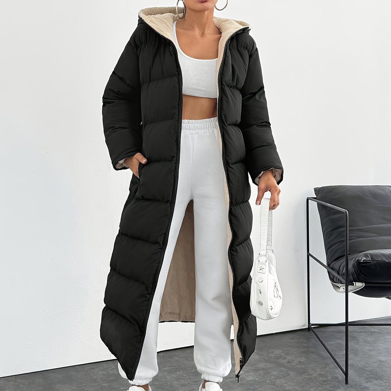 Valerie - Steppmantel Lang Warm Kapuze Elegant Praktisch Schwarz