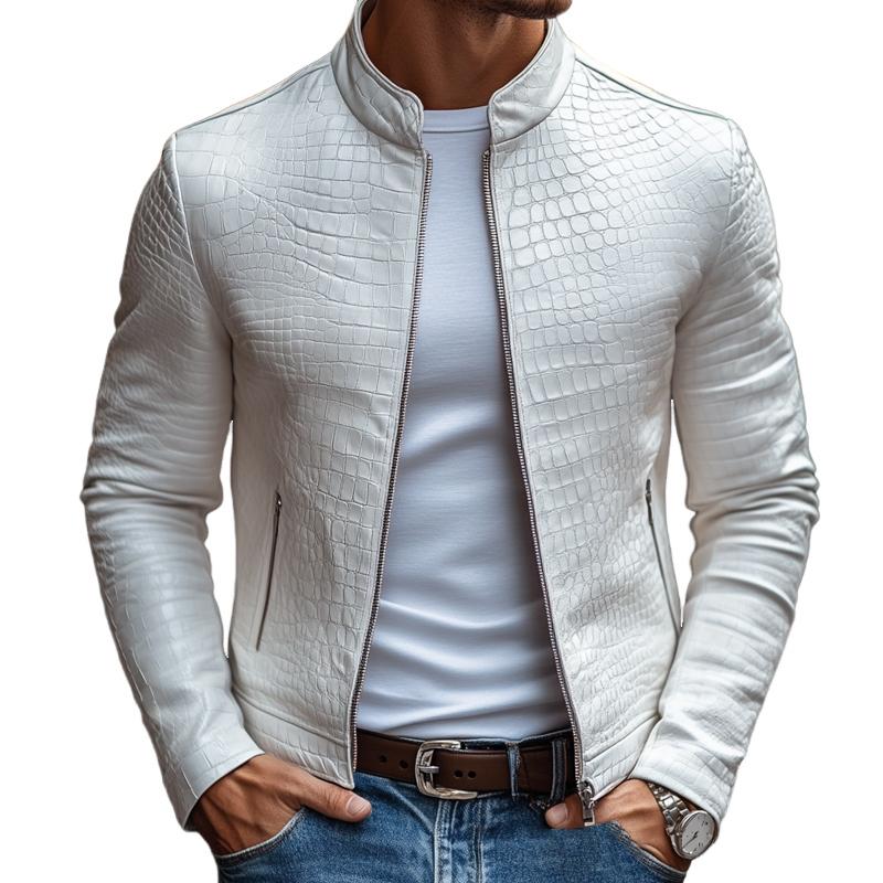Volkmar - Lederjacke Modern Stehkragen Reißverschluss Robust Weiß