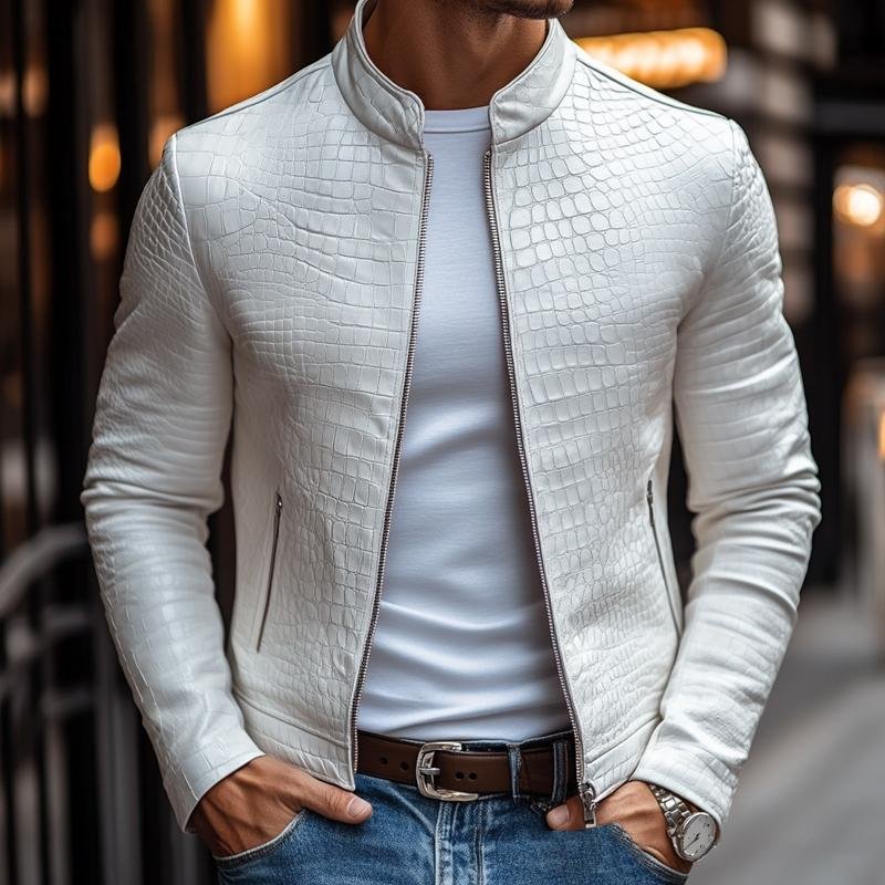 Volkmar - Lederjacke Modern Stehkragen Reißverschluss Robust Weiß