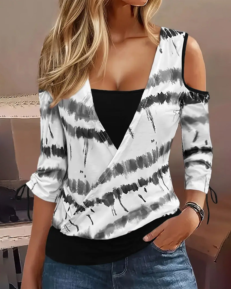 Yvaine- Kreuzförmiges Off-Shoulder Ziehkord T-Shirt Mit Druck Weiß 1