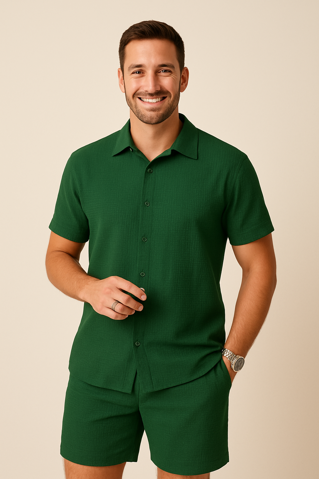 Yves – Set aus strukturiertem Hemd und Shorts - Dunkelgrün