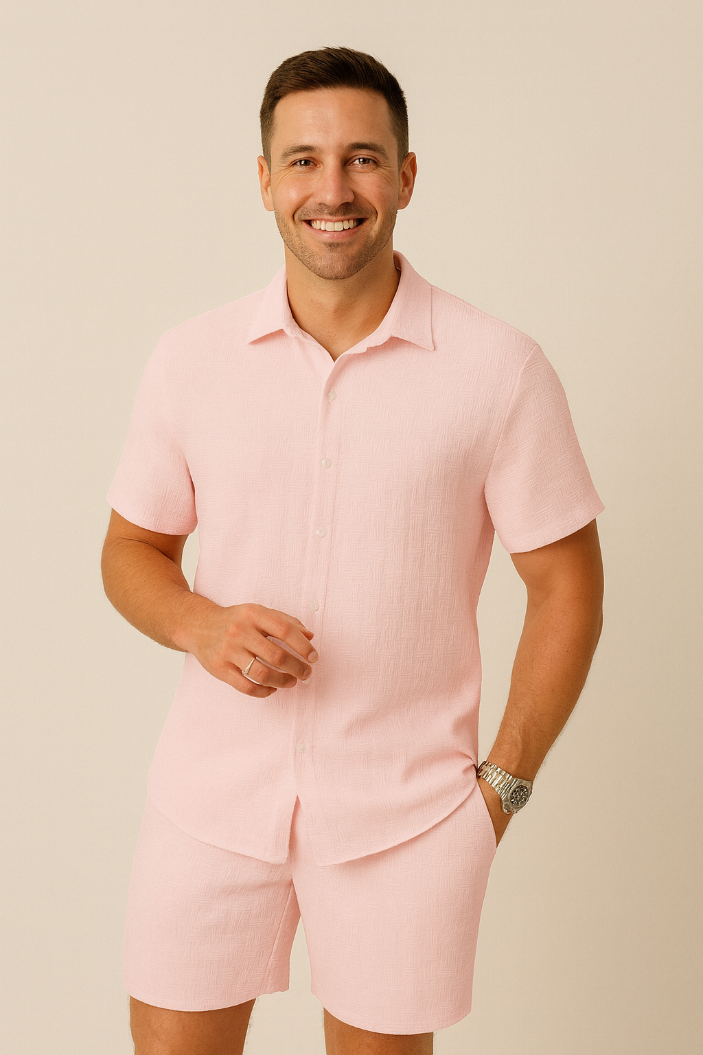 Yves – Set aus strukturiertem Hemd und Shorts - Rosa