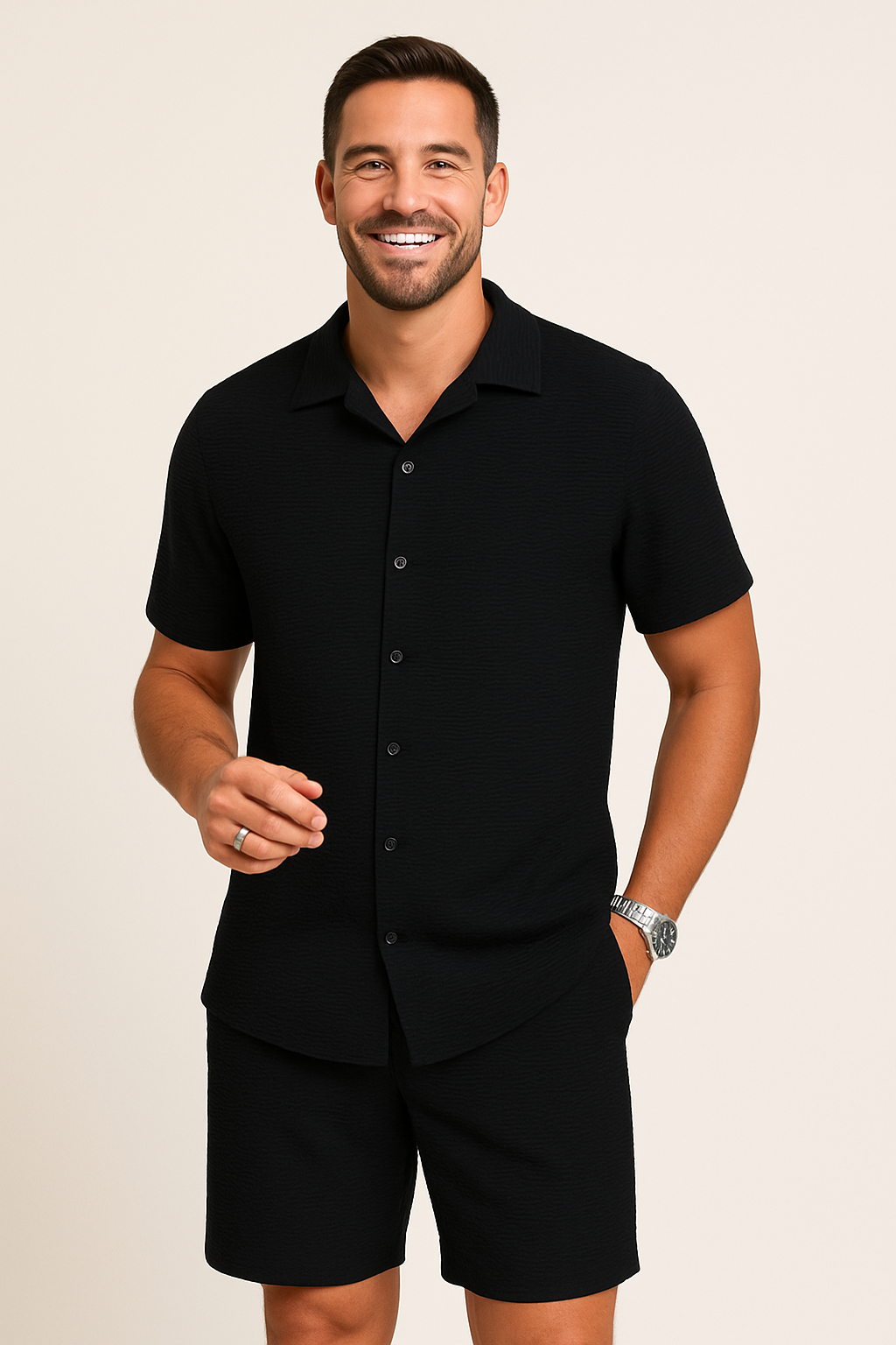 Yves – Set aus strukturiertem Hemd und Shorts - Schwarz