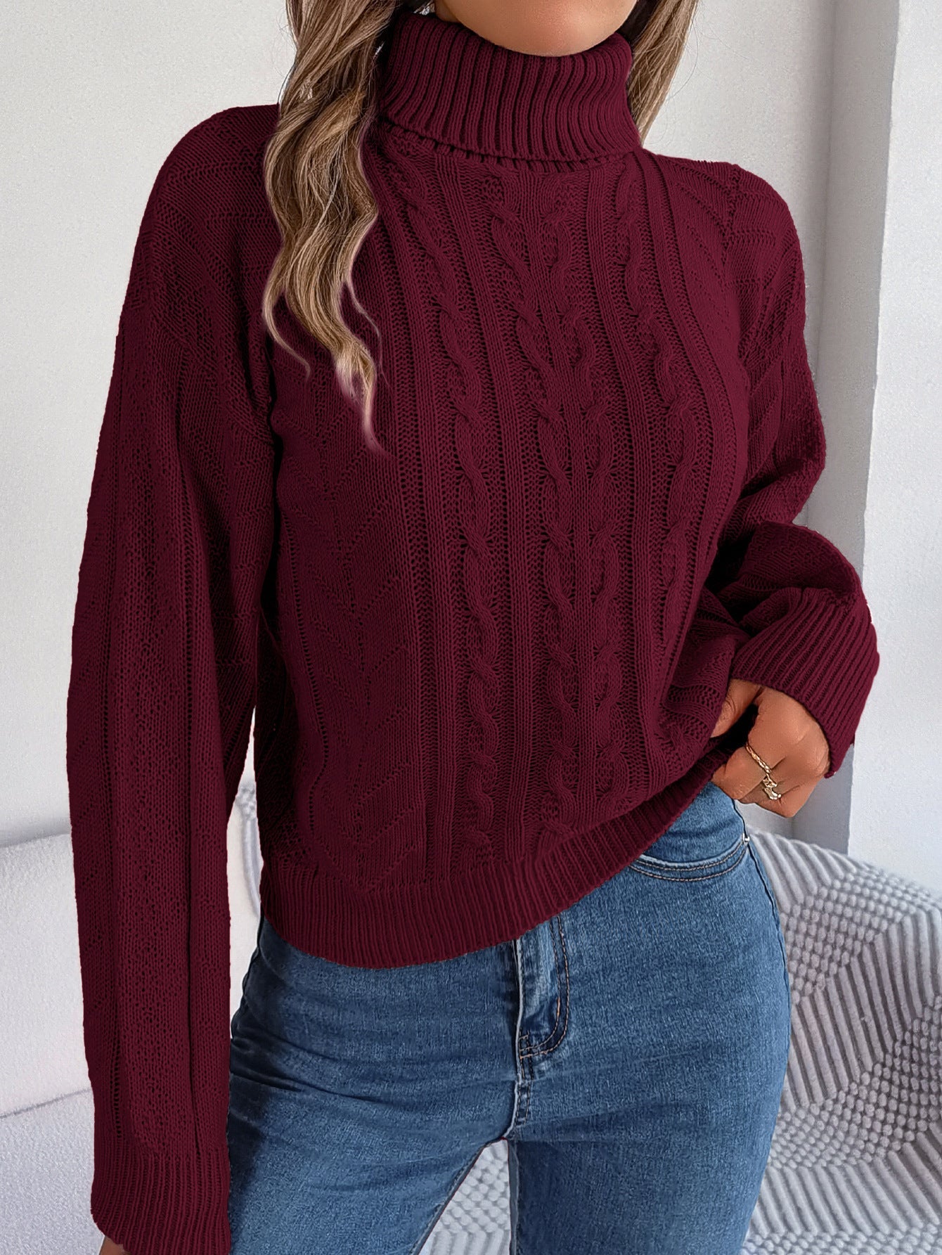 LIUBA Lose hohe Kragen Twist lange Ärmel gestrickt Pullover