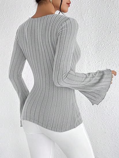 Josien - Flared V-neck Ribbed Langarmshirt