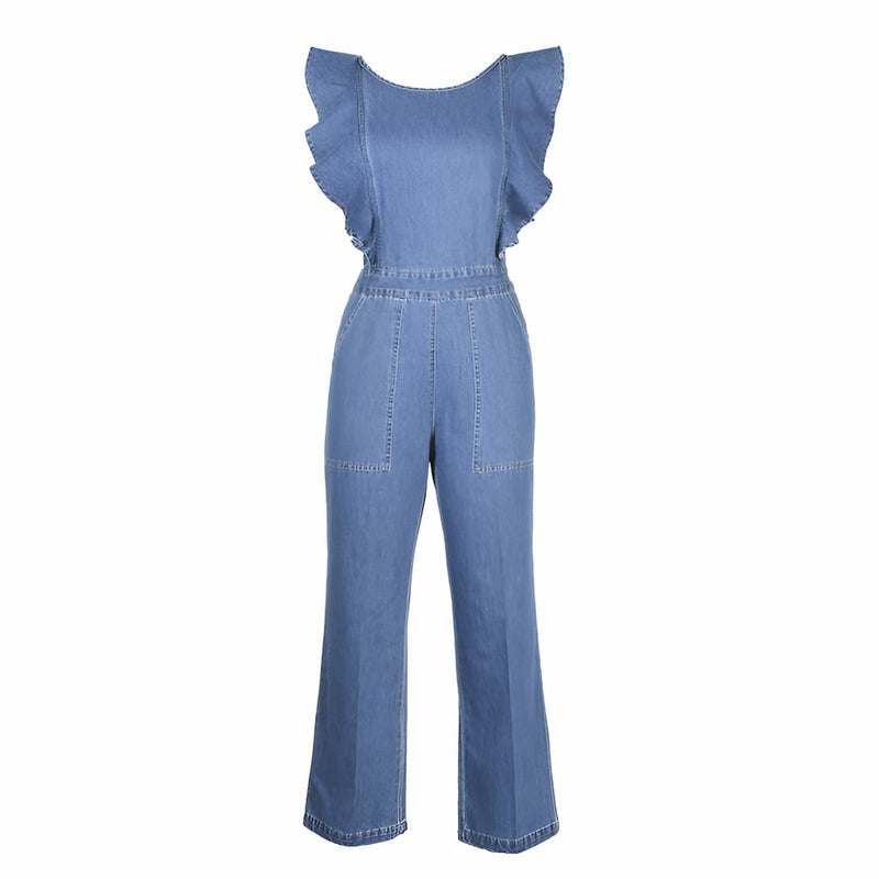 Donna - Gerüschter Denim-Jumpsuit mit Schnürung