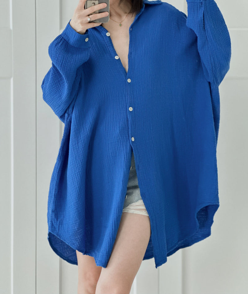 Musselin Bluse, long oversize, Blau