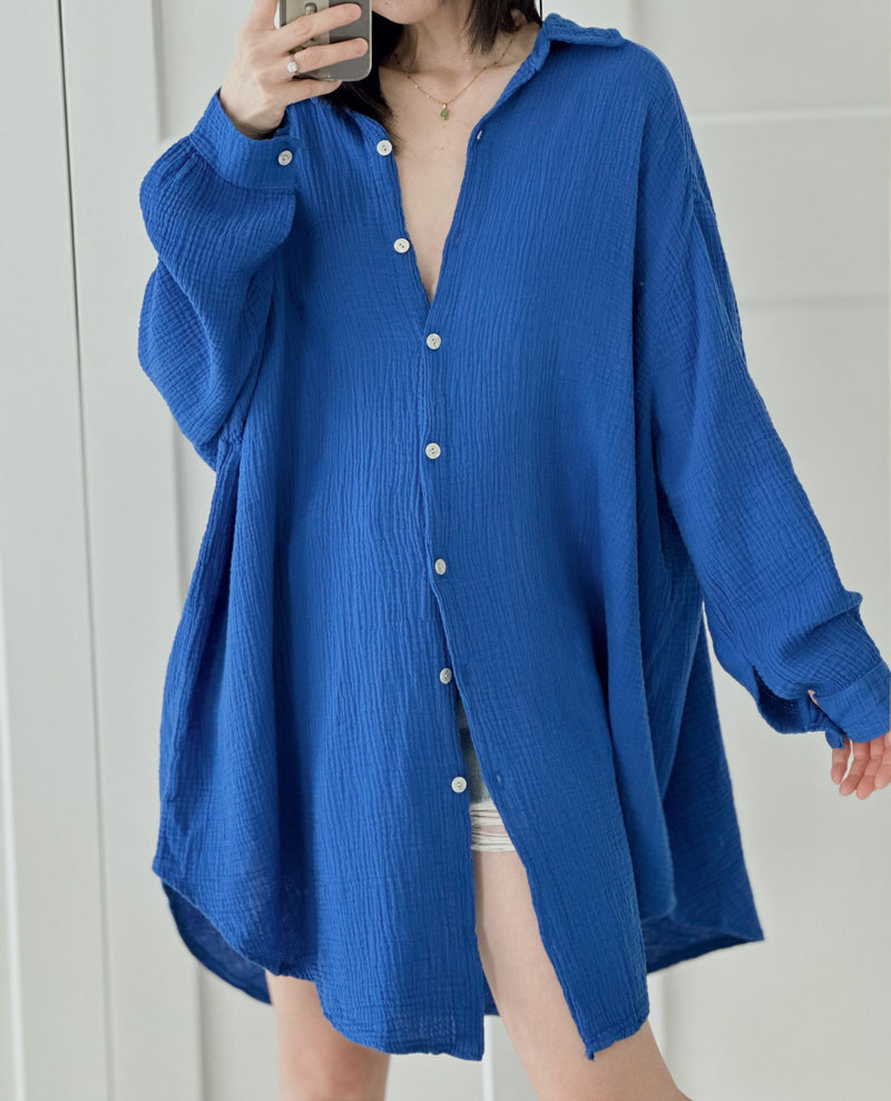 Musselin Bluse, long oversize, Blau