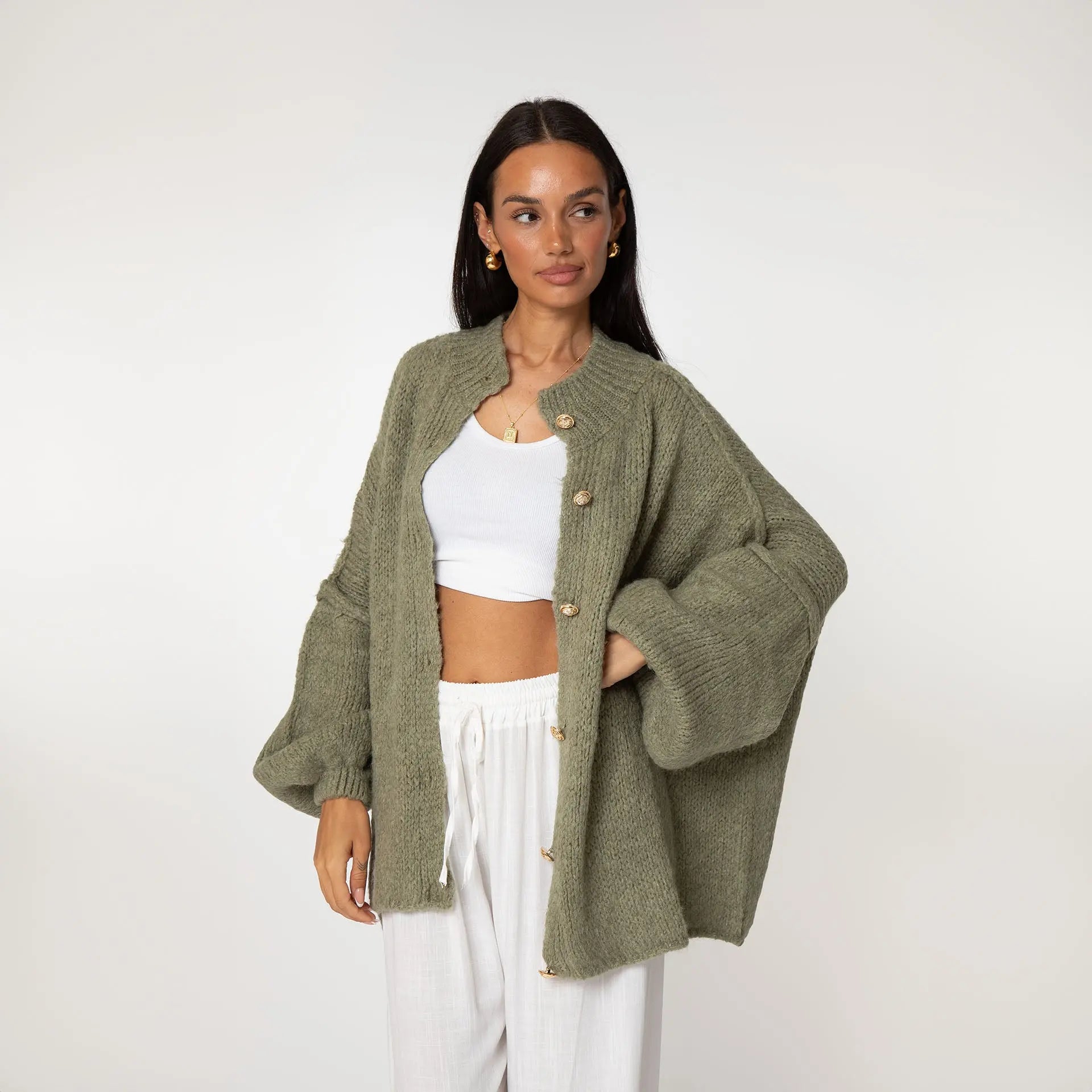 Simone - Damen Oversize Strick Cardigan mit Goldknöpfen