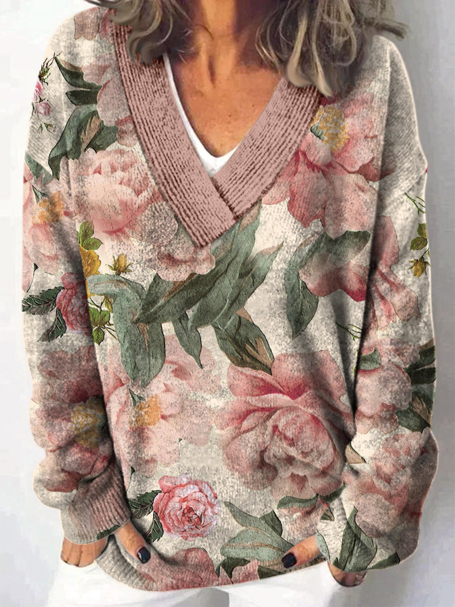 Elegantes, mit Blumen bedrucktes, lässiges, langärmliges, langärmliges, lockiges Sweatshirt mit V-Ausschnitt