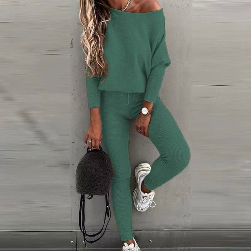 Pia - Off-Shoulder Langarm-Top und Hose mit Kordelzug Set für Frauen