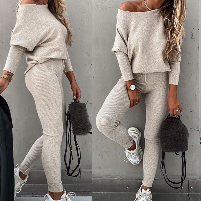 Pia - Off-Shoulder Langarm-Top und Hose mit Kordelzug Set für Frauen