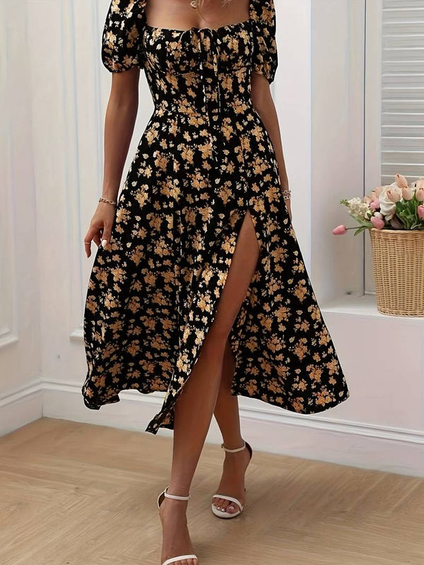 Katara - florale Puffärmel mit Schlitz Kleid