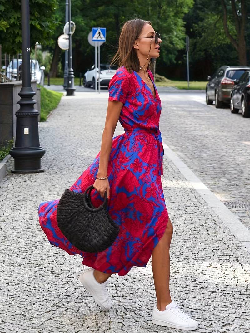 Dazzle - Floral Split Kleid mit Taillenschleife