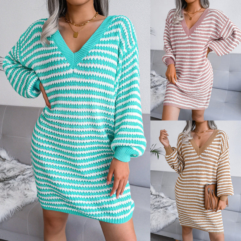 Pamy - Stripe Frenzy Pulloverkleid mit V-Ausschnitt