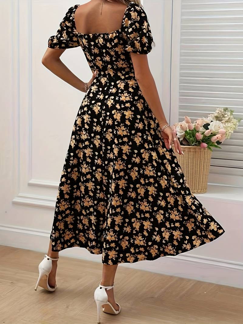 Katara - florale Puffärmel mit Schlitz Kleid