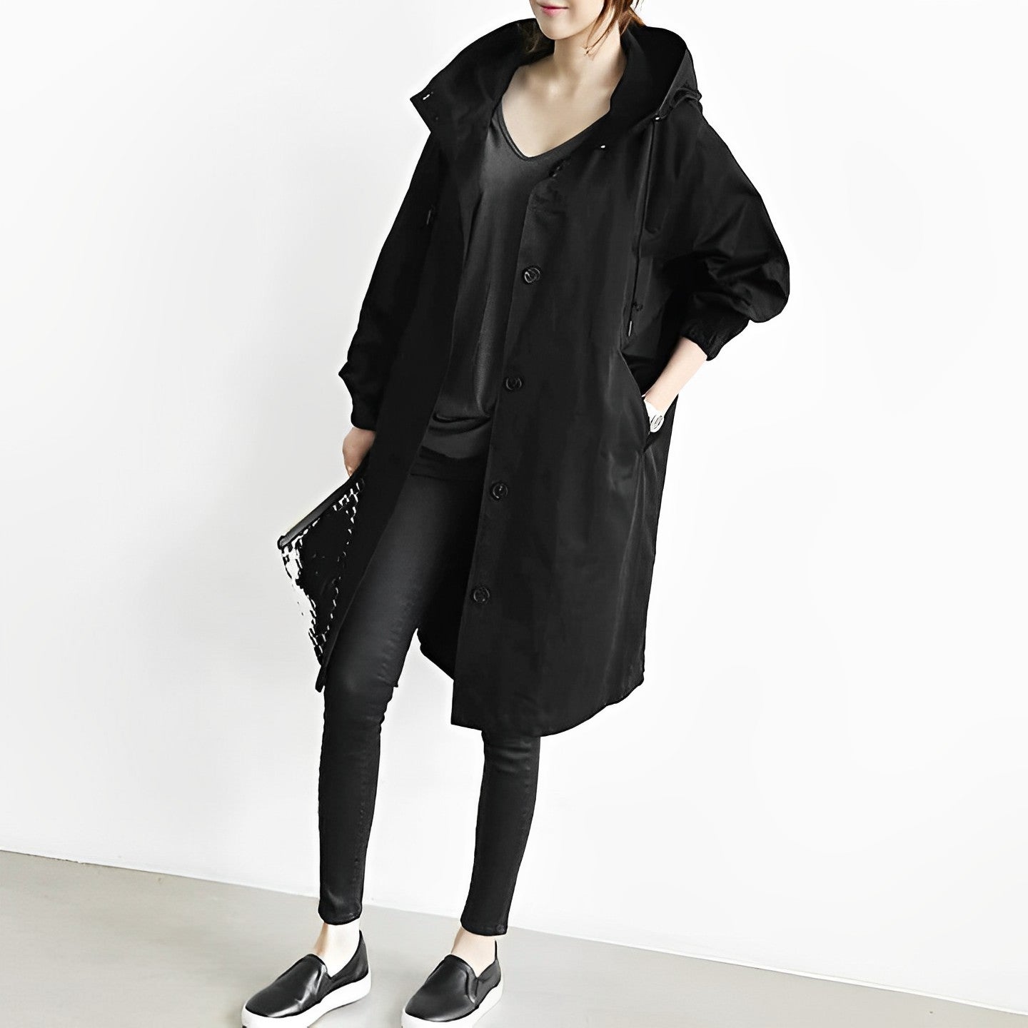 DuraCoat Lange Kapuzen Windbreaker-Jacke Schwarz
