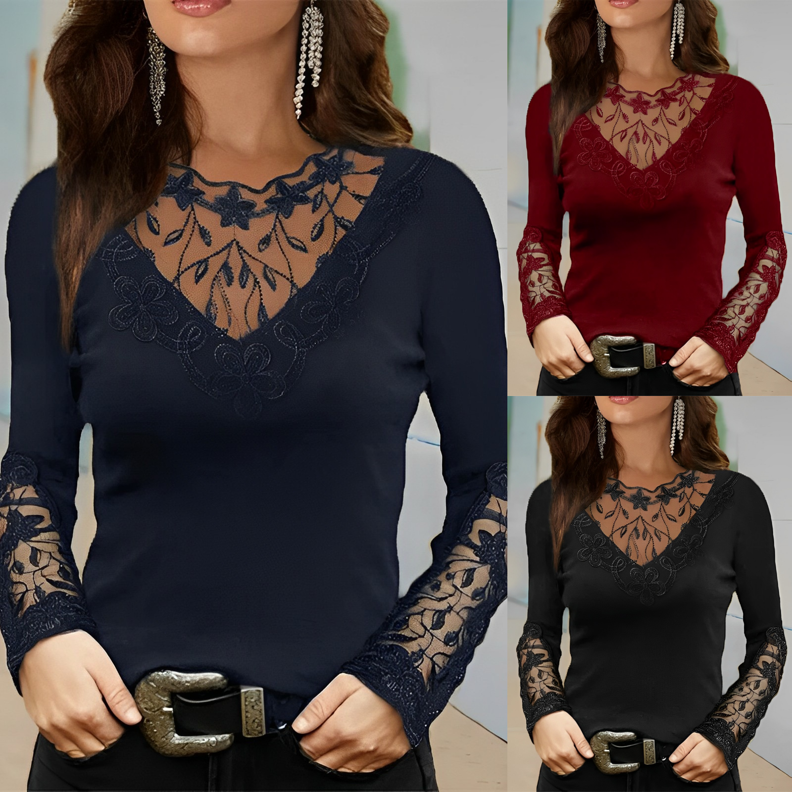 Lisbeth -Schmal geschnittene Spitzenbluse Marineblau 1 