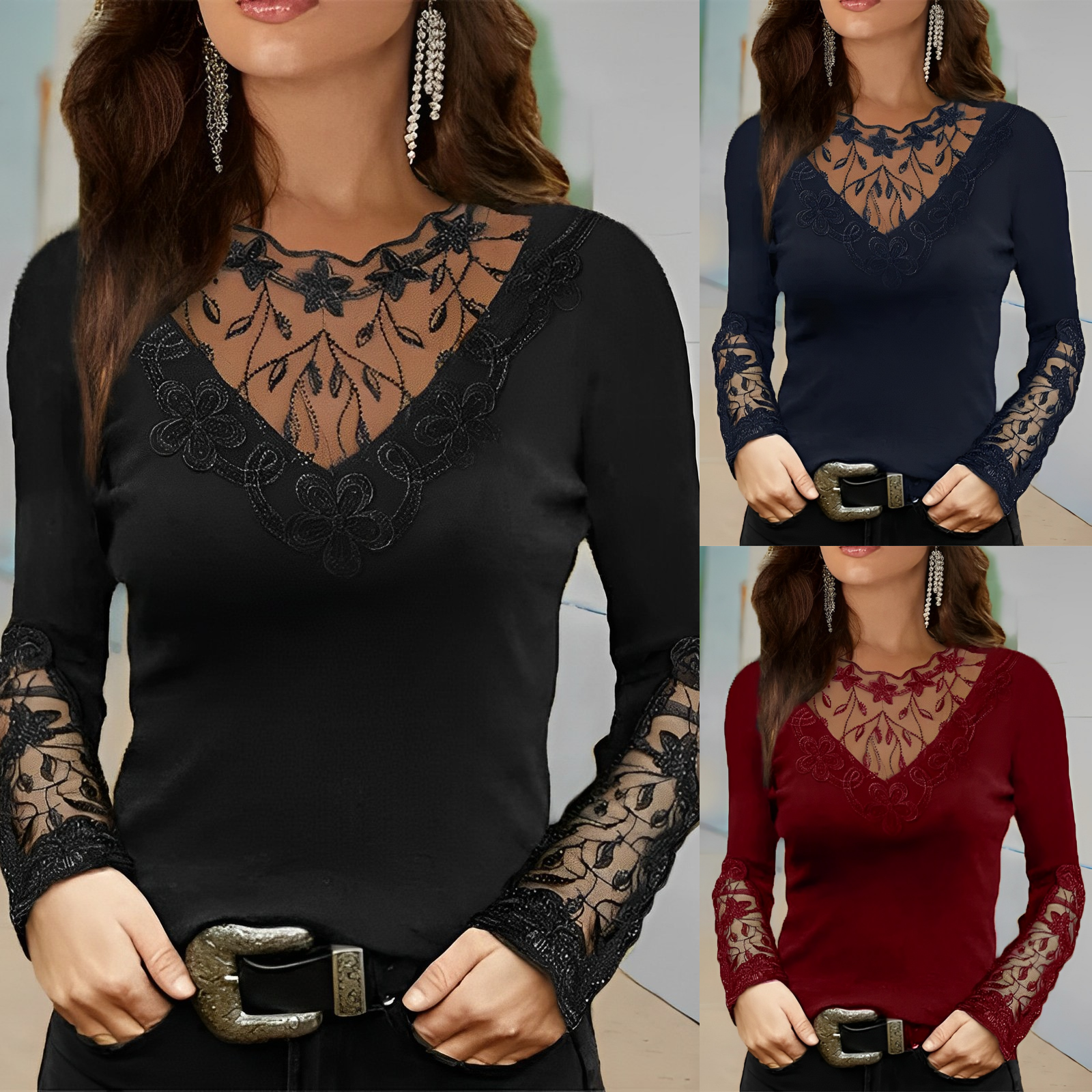 Lisbeth -Schmal geschnittene Spitzenbluse  Schwarz 1