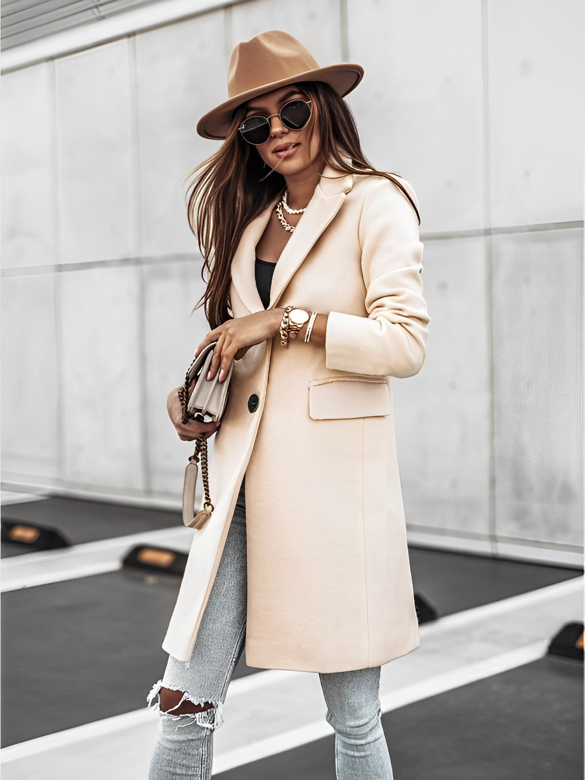 Simone Langärmeliger 2-Knopf-Mantel Beige