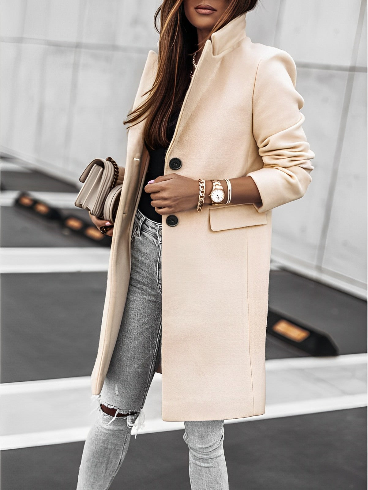 Simone Langärmeliger 2-Knopf-Mantel Beige 2